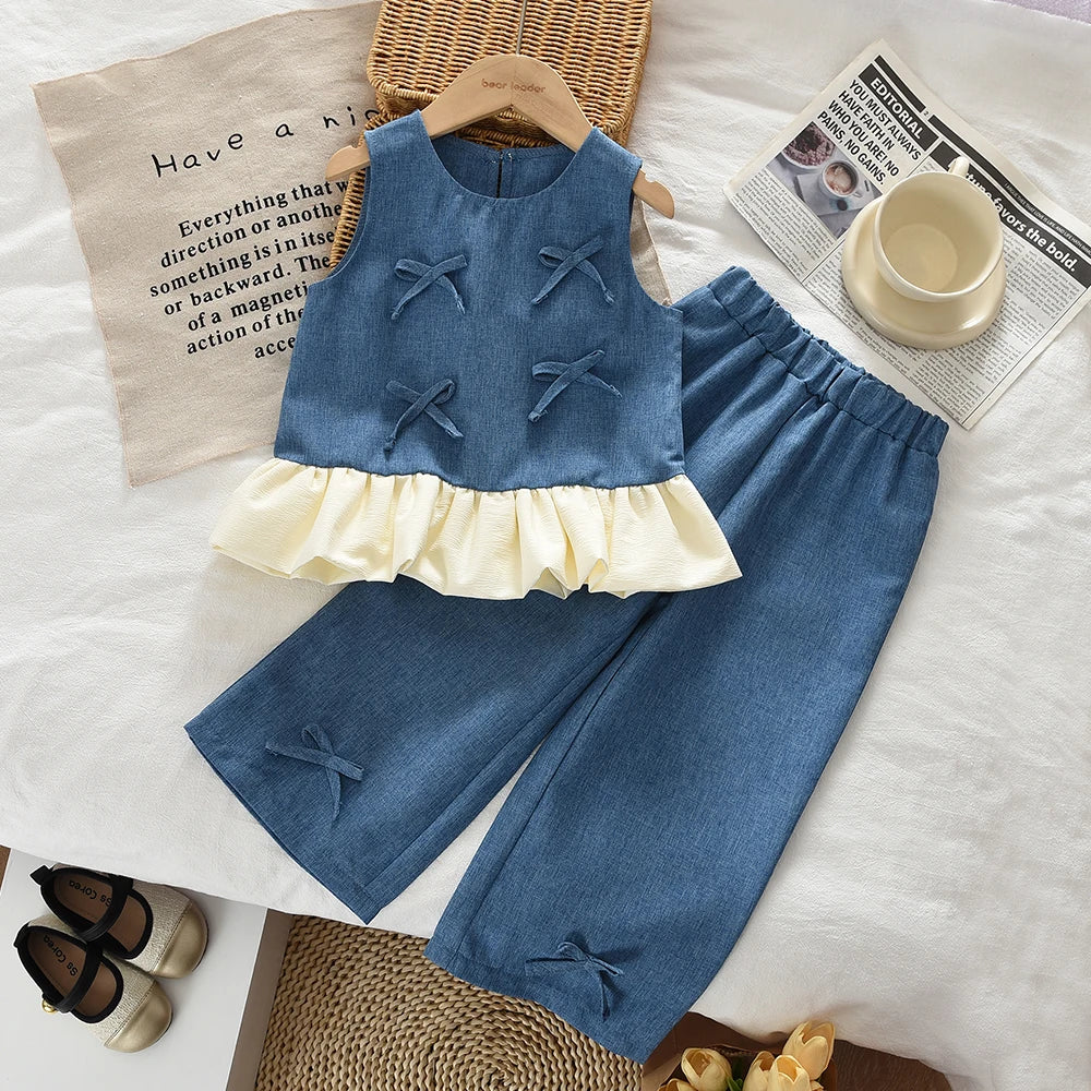 Blue Summer New Casual Girls' Clothes Round Neck Sleeveless Bow Lace Vest Princess Dress for Girls Aged 3-7 Korean Version