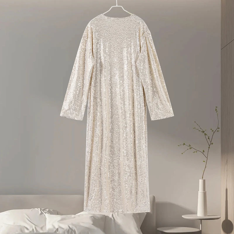 2026 Autumn Sequined Women Long Jacket Urban Full Sleeve Lining Pleated V-neck Cardigan Female Streetwear Fashion Lady Outwear
