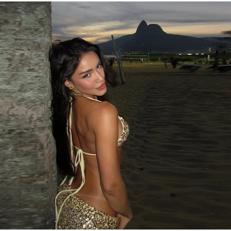 Women's Sequin Halter Top and Wide Leg Pants Set