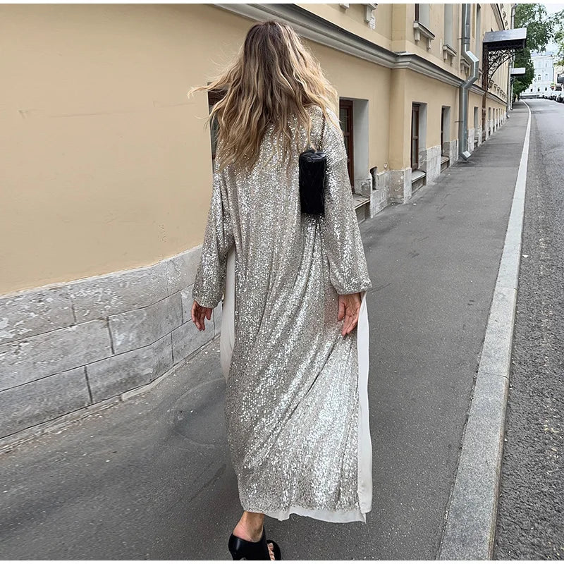 2026 Autumn Sequined Women Long Jacket Urban Full Sleeve Lining Pleated V-neck Cardigan Female Streetwear Fashion Lady Outwear