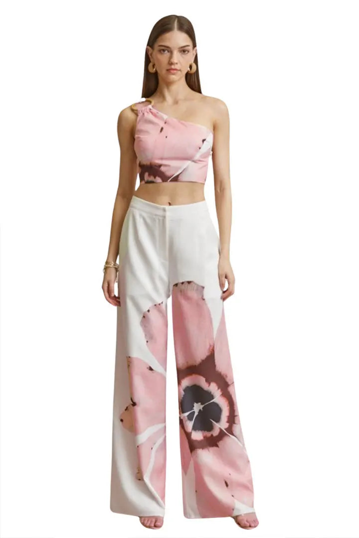 Matching Sets Wide Leg Full Length Pant Sexy Print One Shoulder Tops Pullover Pant Sets Loose Pockets High Street Spliced
