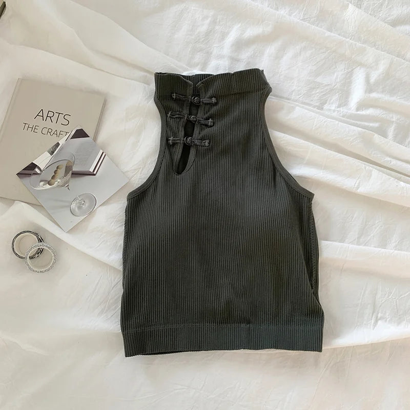 ITOOLIN Elegant Women Chinese Button Tank Tops With Bra Pad O-Neck  Sleeveless Tank Tops For Women Sexy Crop Tops All-Match 2024