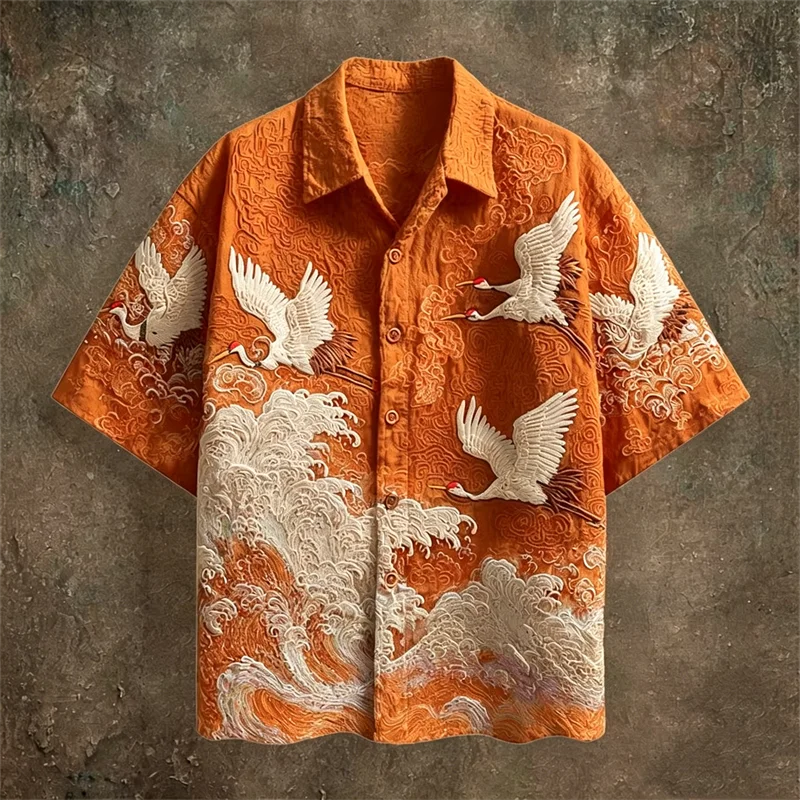 Men's Embossed Crane Print Short Sleeve Shirt