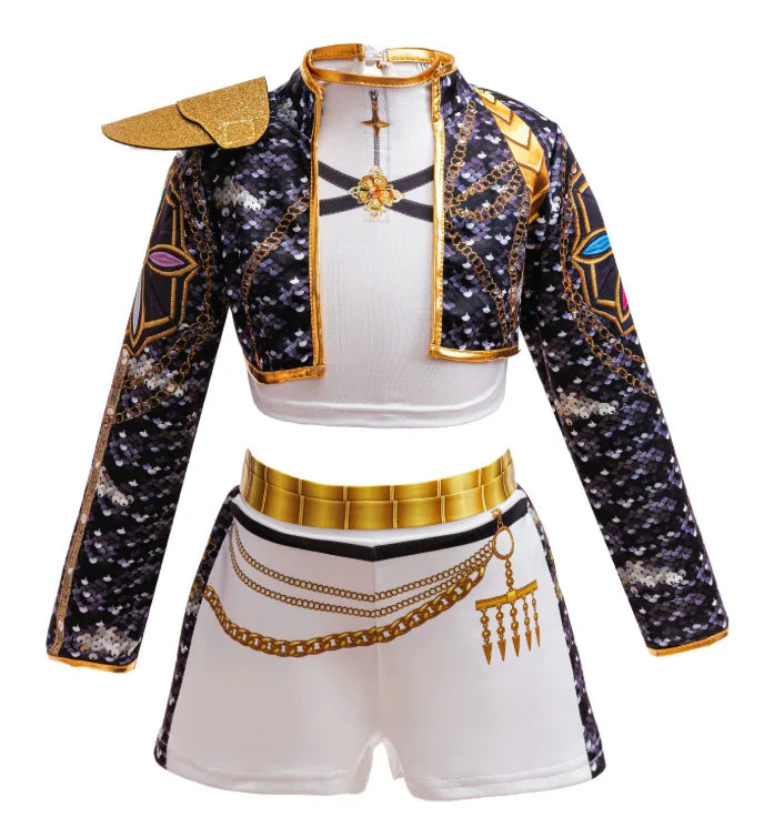 Girls Sequin Hip Hop Dance Outfit Set Crop Top Jacket Shorts with Purple Braid Wig Kids Jazz Stage Costume