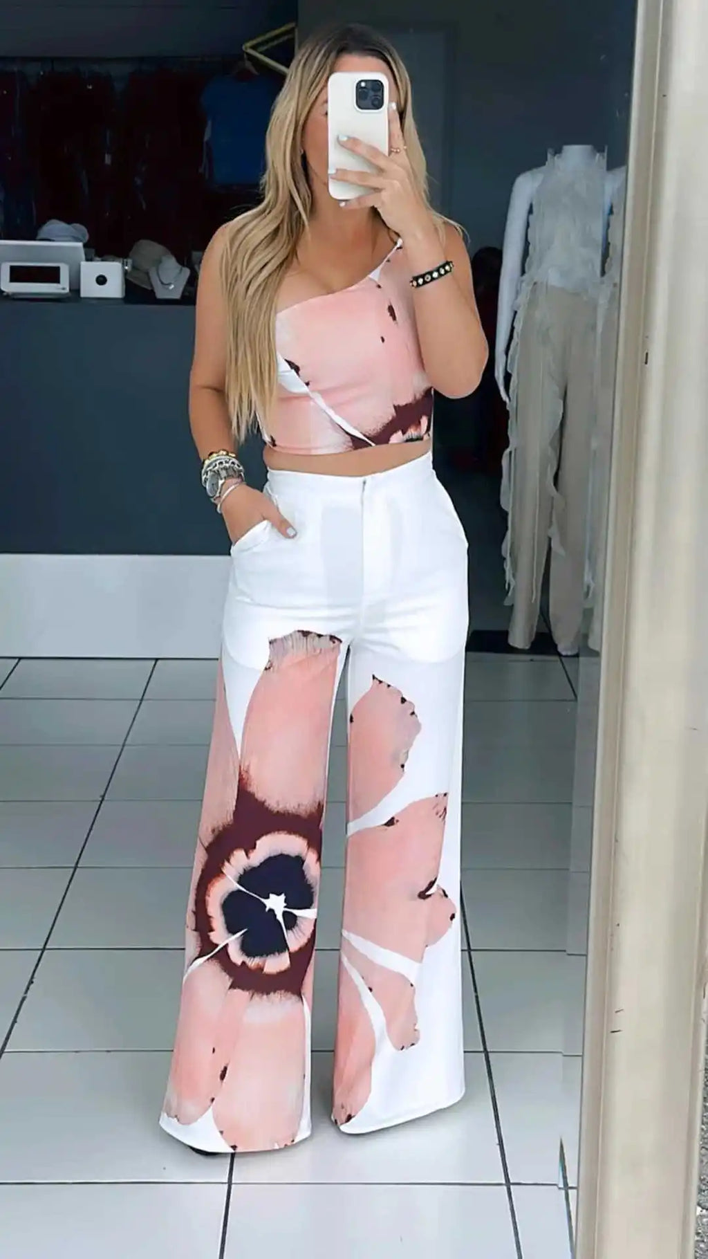 Matching Sets Wide Leg Full Length Pant Sexy Print One Shoulder Tops Pullover Pant Sets Loose Pockets High Street Spliced