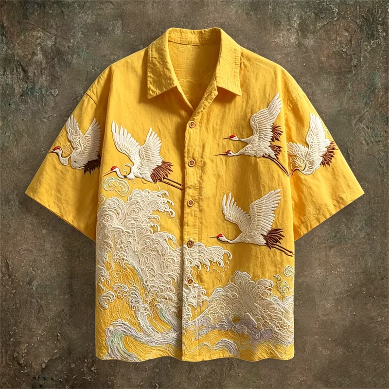 Men's Embossed Crane Print Short Sleeve Shirt