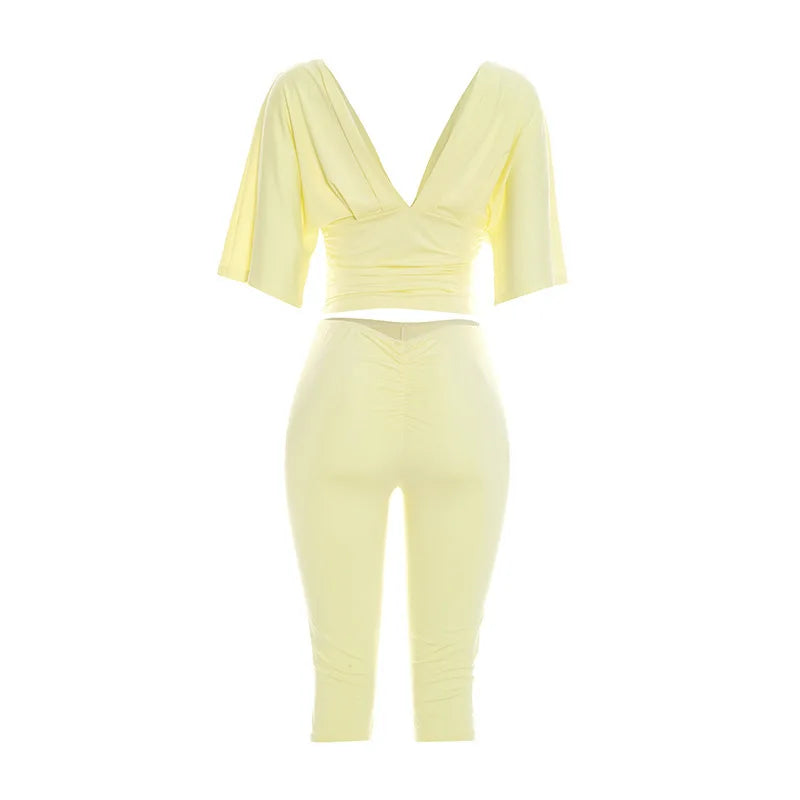 Joskaa Casual Solid 2 Piece Sets Women Sexy V-Neck Ruched Half Sleeve Top and Tight Cropped Pants Matching Tracksuits Streetwear