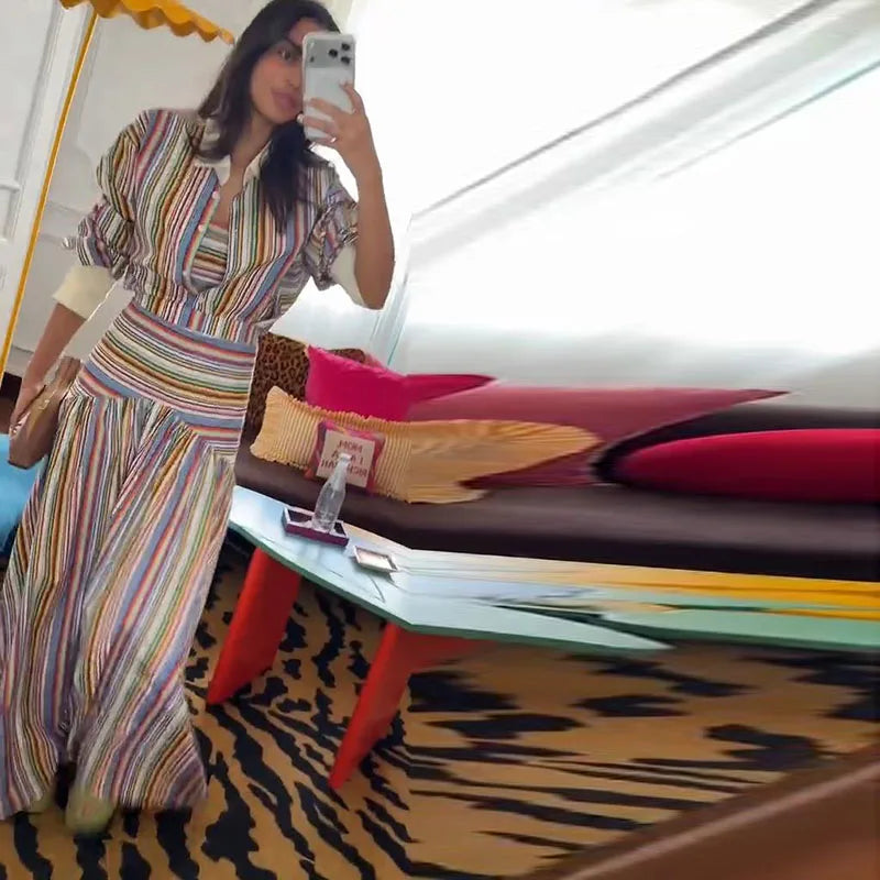 Women's Striped Shirt and Pleated Maxi Skirt Set