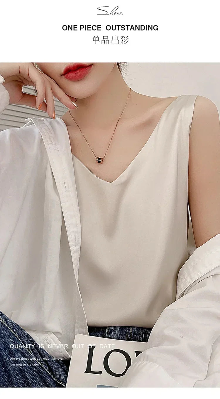 Summer New Silk Top Special Offer Sexy Strap Women's V-neck Printed Letter Tank Top Korean Fashion Solid Color Thin T-shirt