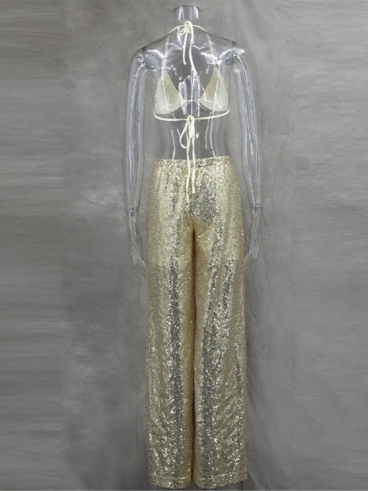 Women's Sequin Halter Top and Wide Leg Pants Set