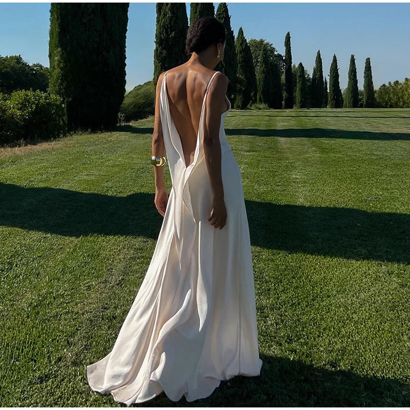 Women's Backless Satin V-Neck Sling Sundress
