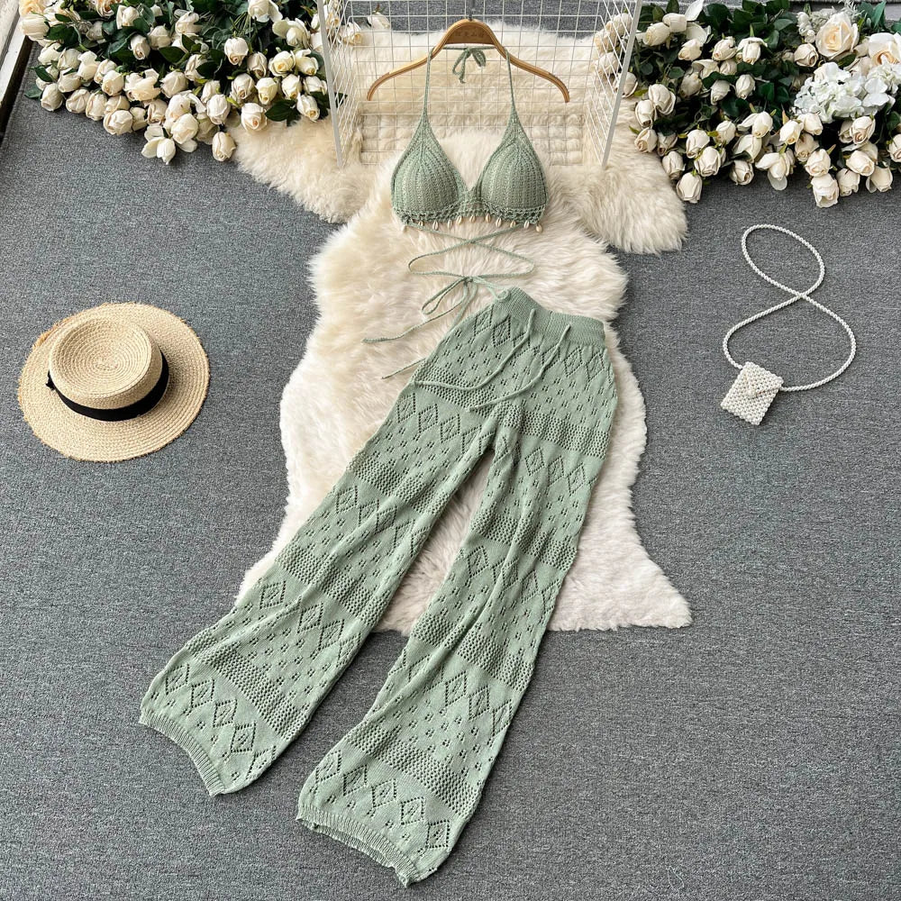 SINGREINY Women Summer Design Knitted Set Sexy Backless Halter Short Tops+Chic Hollow Knitted Wide Leg Long Pants Two Piece Suit