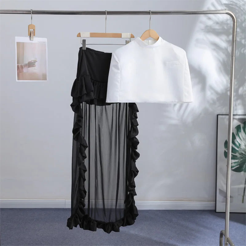 Women's Cape Crop Top and Pleated Mini Skirt Set