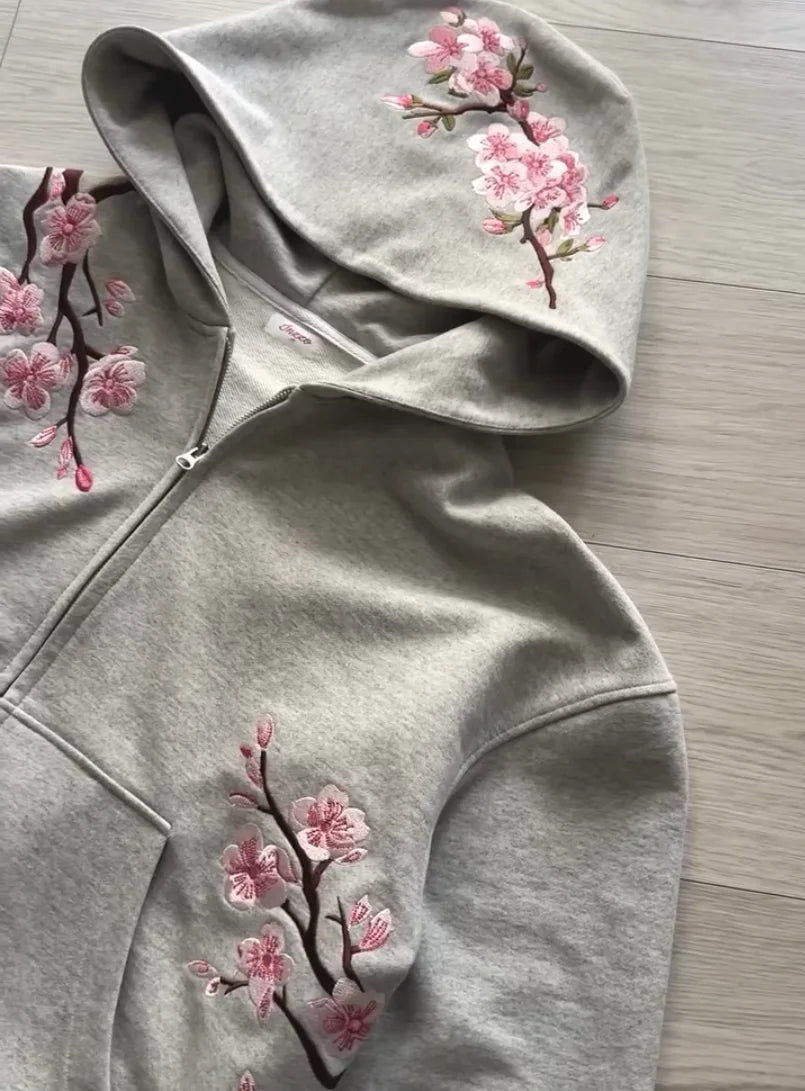 Y2K Cherry Blossom Embroidered Zip Hoodie