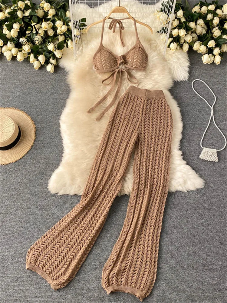 SINGREINY Women Summer Design Knitted Set Sexy Backless Halter Short Tops+Chic Hollow Knitted Wide Leg Long Pants Two Piece Suit