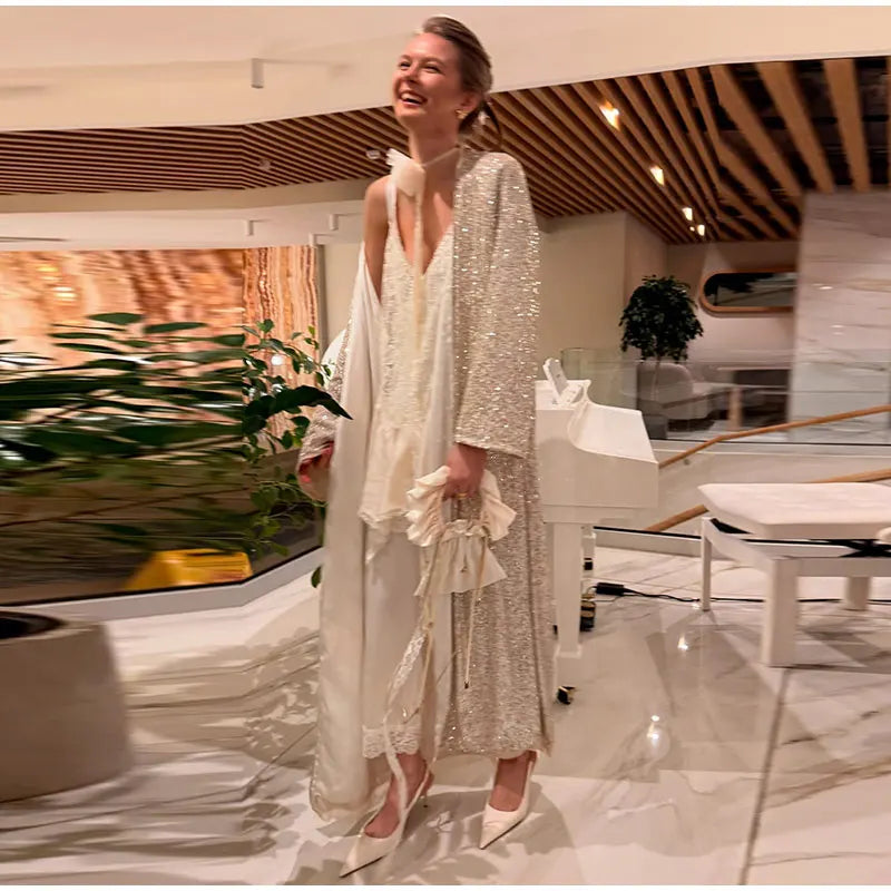 2026 Autumn Sequined Women Long Jacket Urban Full Sleeve Lining Pleated V-neck Cardigan Female Streetwear Fashion Lady Outwear