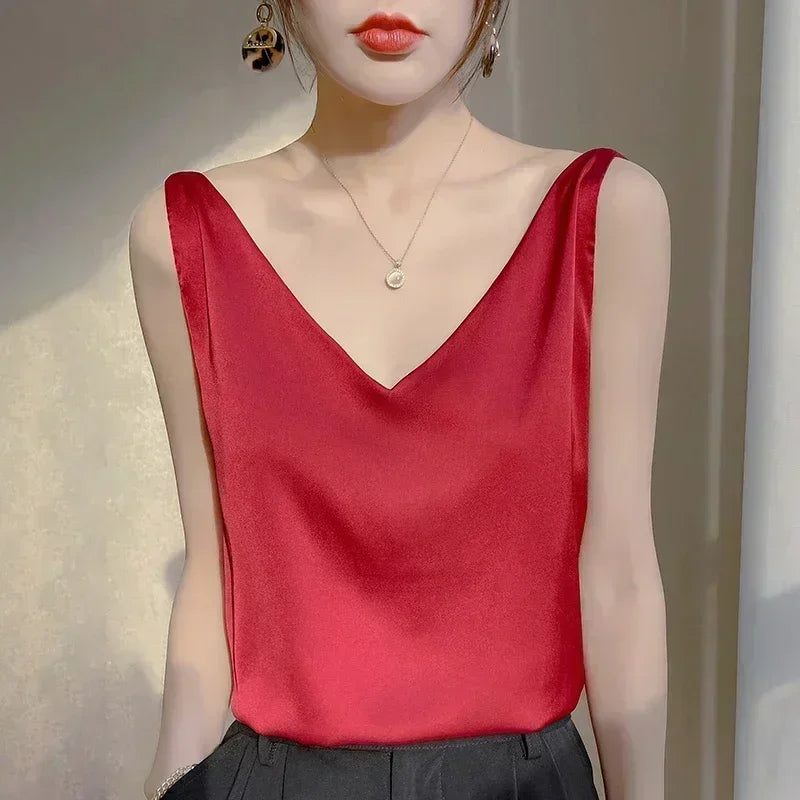 Summer New Silk Top Special Offer Sexy Strap Women's V-neck Printed Letter Tank Top Korean Fashion Solid Color Thin T-shirt