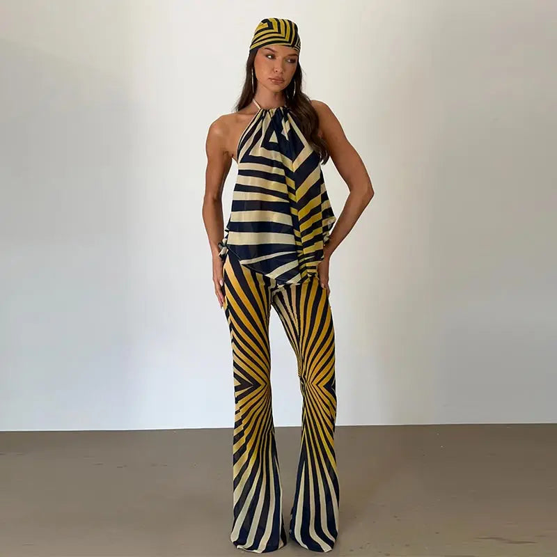 Women's Halter Backless Top and Flared Pants Set