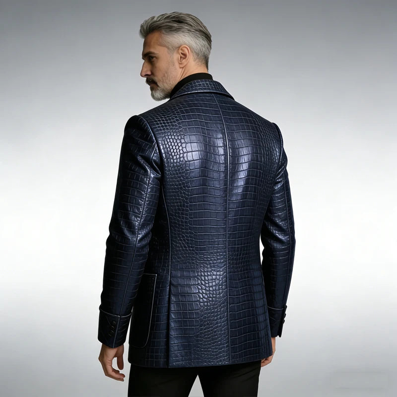 Men's Crocodile Pattern Leather Blazer 1 Button Shawl Collar Tuxedo Jacket Formal Business Wedding Coat Luxury Suit Outerwear