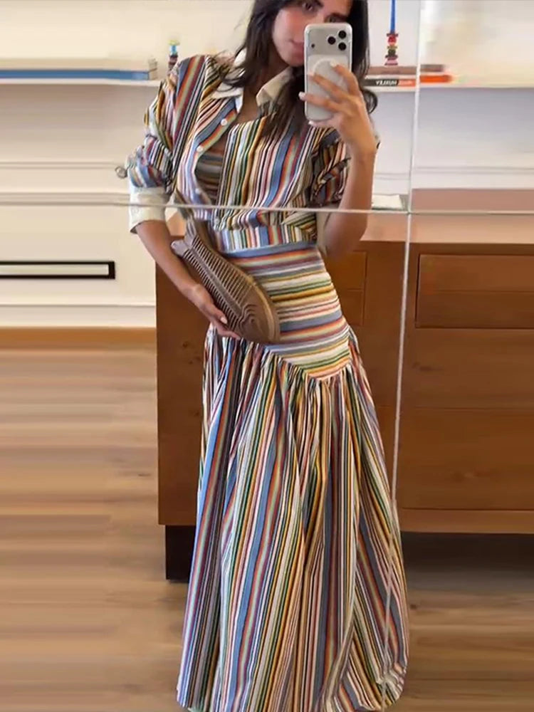 Women's Striped Shirt and Pleated Maxi Skirt Set