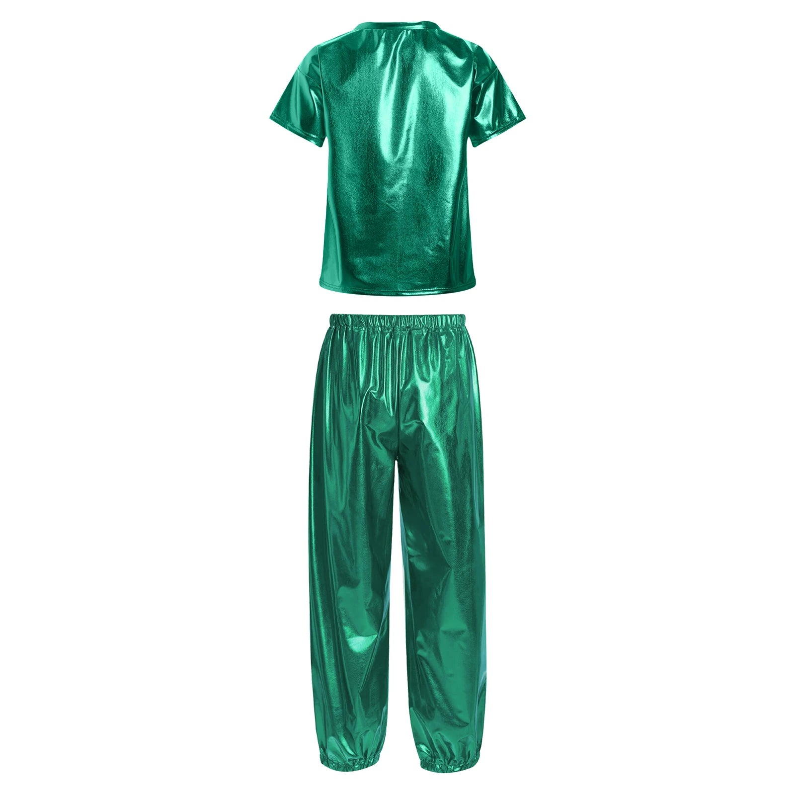 Kids Girls Boys Fashion Clothes Set Metallic Shiny T-shirt with Pants Suit for Jazz Hip Hop Street Dance Performance Costume