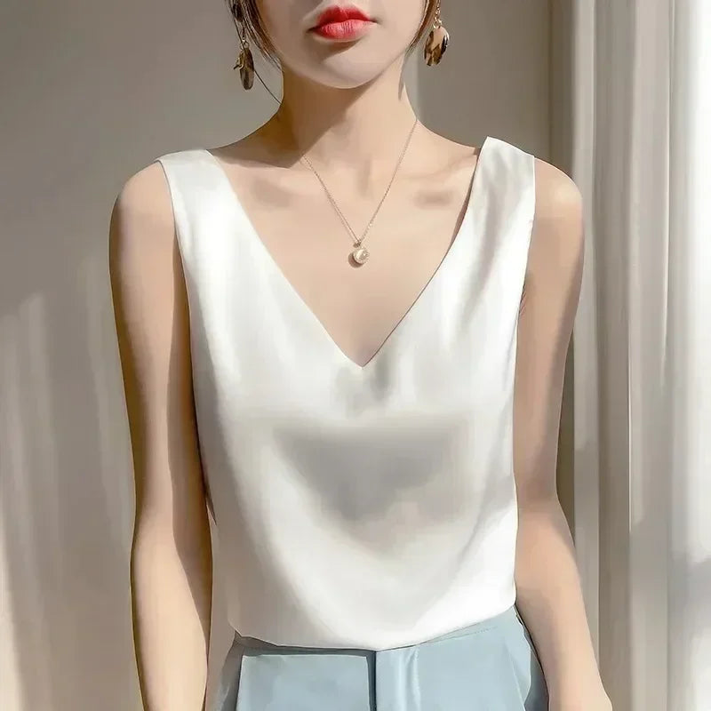 Summer New Silk Top Special Offer Sexy Strap Women's V-neck Printed Letter Tank Top Korean Fashion Solid Color Thin T-shirt