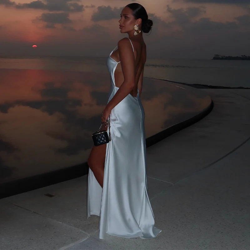 Women's Backless Satin V-Neck Sling Sundress