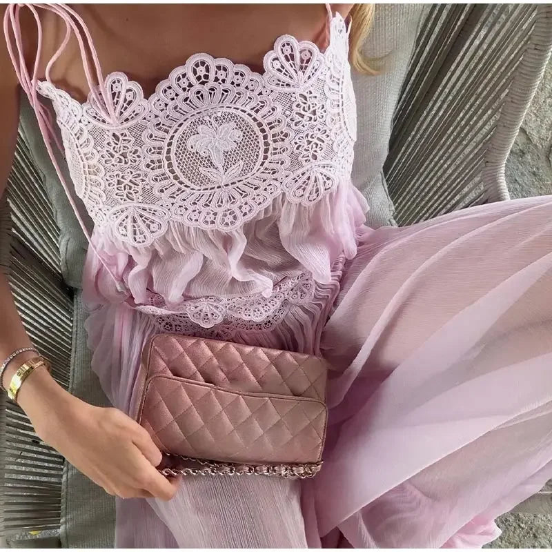 Beach Floral Lace Hollow Out Women Pants Sets 2 Pieces Adjustable Tie Backless Tops Loose Pleated Lantern Pant Summer New Suits