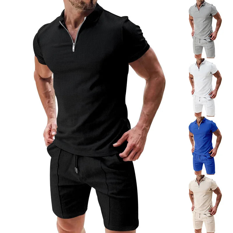 Summer New Men's Suit Fashion Printing Lapel Zipper 2 Piece Set Short-sleeved T-shirt and Shorts Sportswear Beach Suit