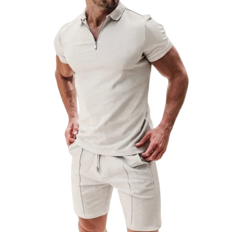 2026 Men Europe and the United States new summer Waffle solid color zip-up lapel short-sleeve suit shorts two sets