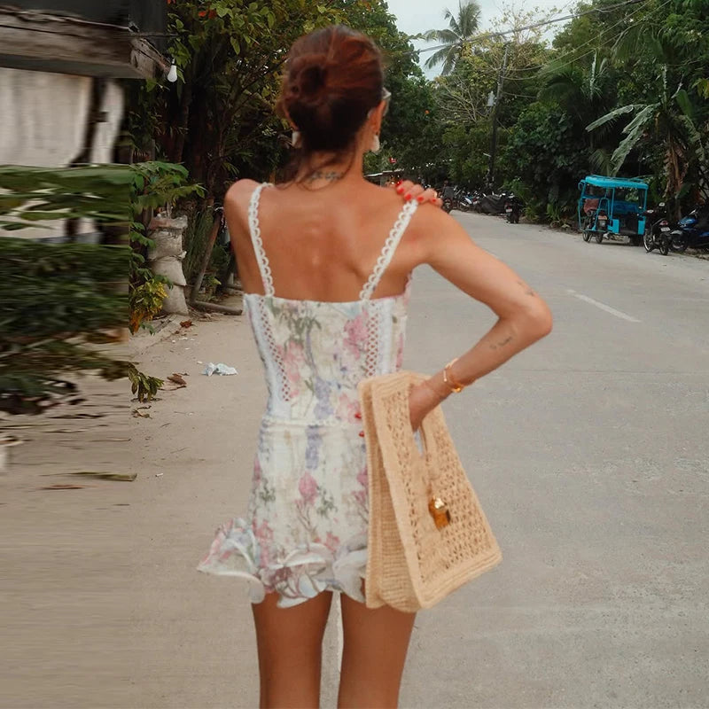 Women Skirt Set Spaghetti Strap Sleeveless Cinched Waist Corset Top High Waist Lace Hem Mini Skirt Slimming Chic Suit For Ladies