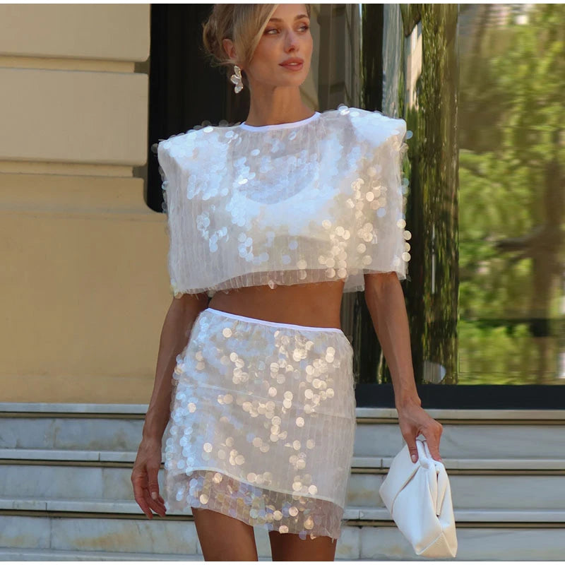 Women's Sequin Crop Top and Mini Skirt Set