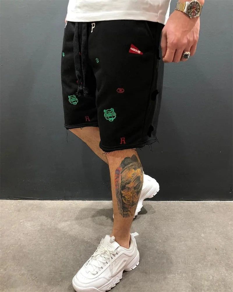 Men's Embroidered Tiger Head Cotton Shorts