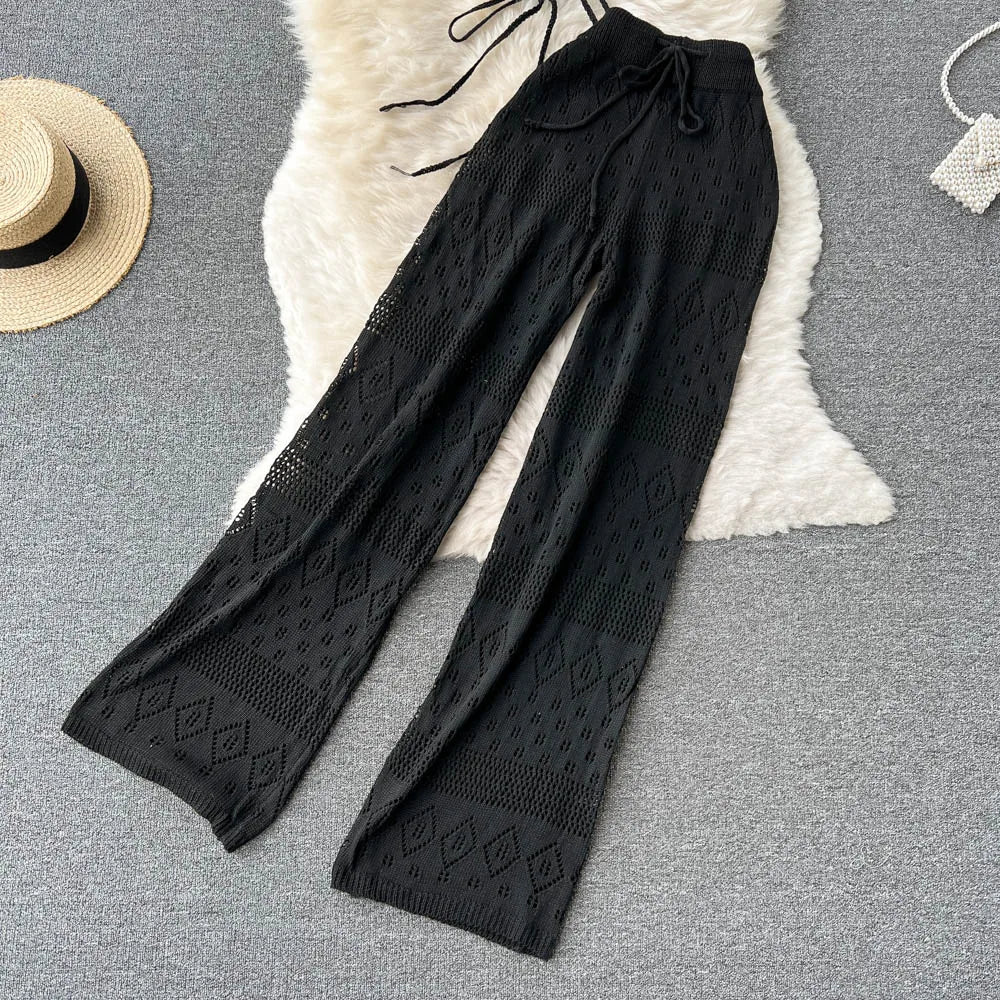 SINGREINY Women Summer Design Knitted Set Sexy Backless Halter Short Tops+Chic Hollow Knitted Wide Leg Long Pants Two Piece Suit