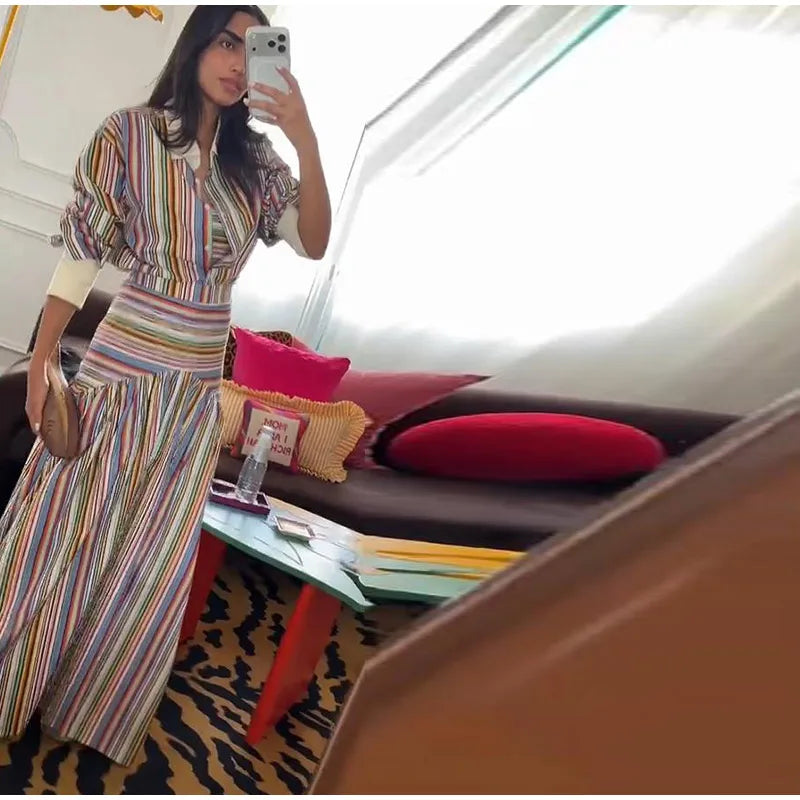 Women's Striped Shirt and Pleated Maxi Skirt Set