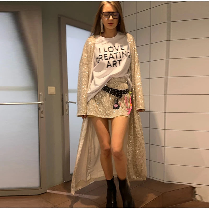 2026 Autumn Sequined Women Long Jacket Urban Full Sleeve Lining Pleated V-neck Cardigan Female Streetwear Fashion Lady Outwear