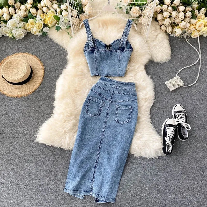 Women's Denim Top and Midi Skirt 2-Piece Set