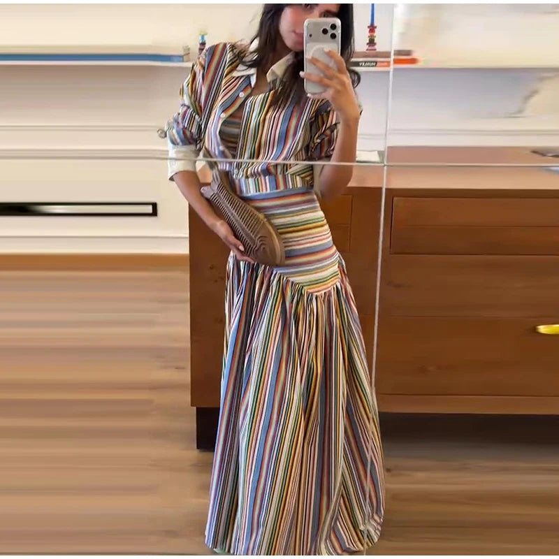 Women's Striped Shirt and Pleated Maxi Skirt Set