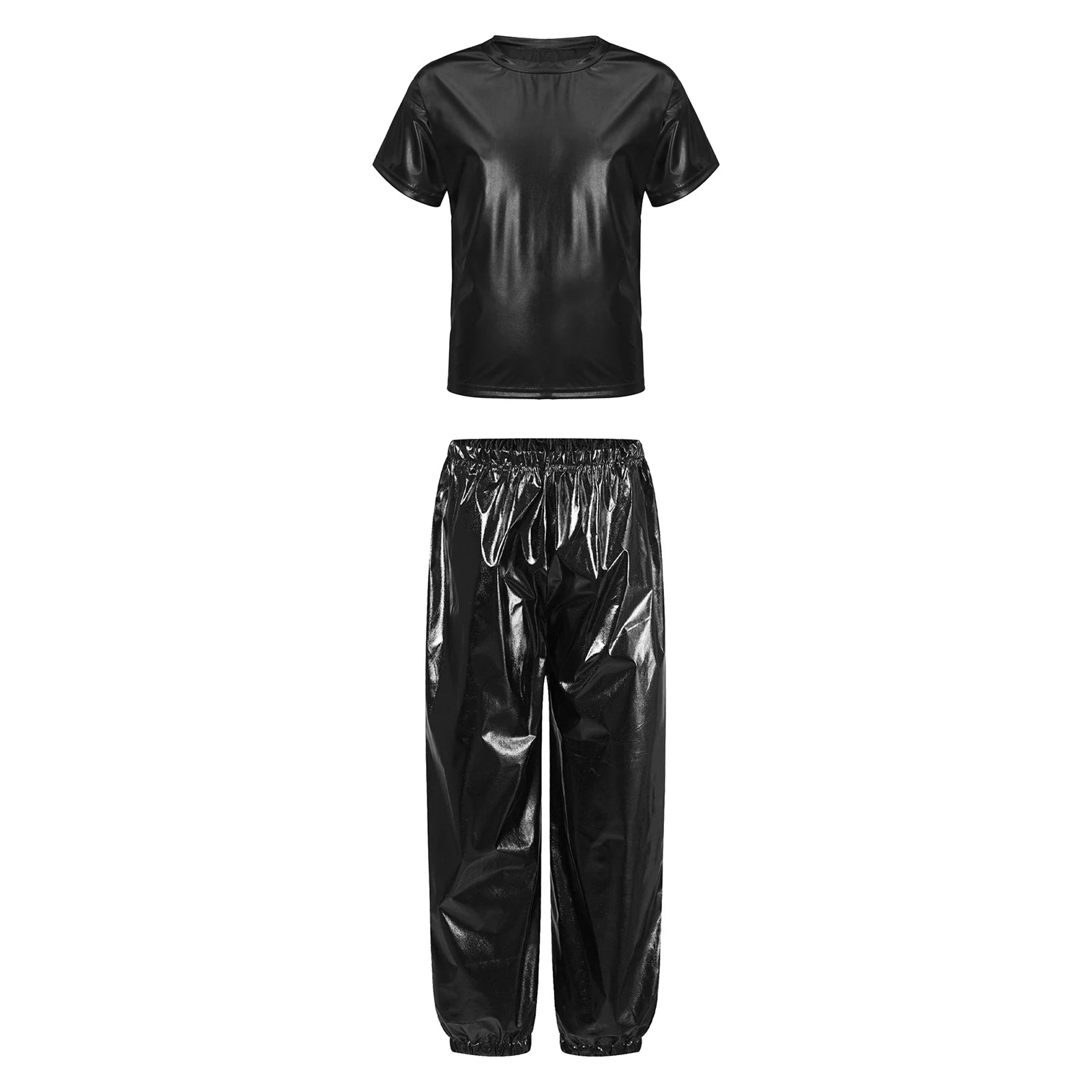 Kids Girls Boys Fashion Clothes Set Metallic Shiny T-shirt with Pants Suit for Jazz Hip Hop Street Dance Performance Costume