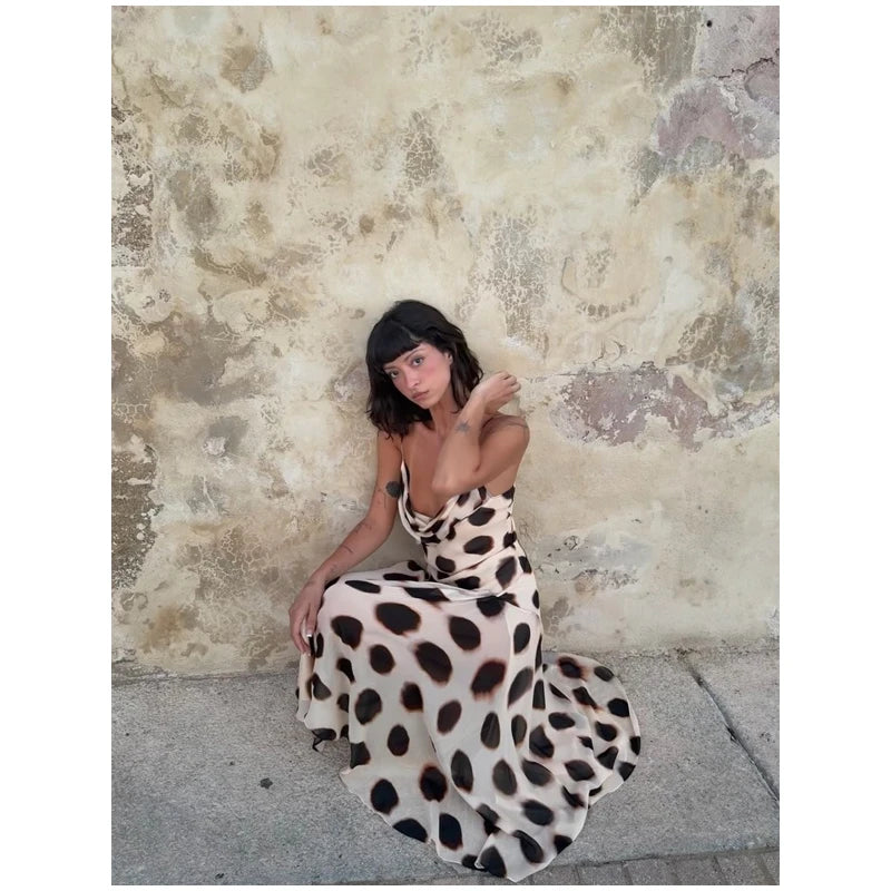 Women's Dot Print Long Sleeve Split Midi Dress