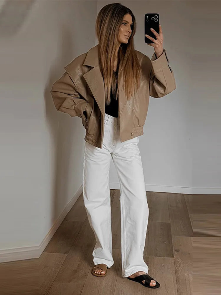 Casual Solid Pu Jackets Women Fashion Loose Khaki Lapel Double Breasted Leather Coat Female 2026 Autumn Lady Outwears Chic