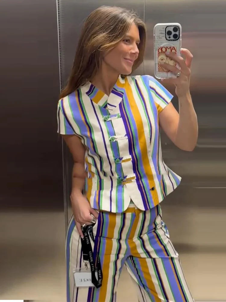 Women's Matching Sets Color Stripe Mandarin Collar Crop Top Straight Pants Set Vintage Blouse Casual Vacation Outfit Summer Suit