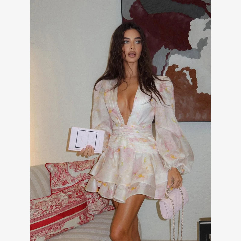 Women's Floral Waist-Cinched Mini Dress