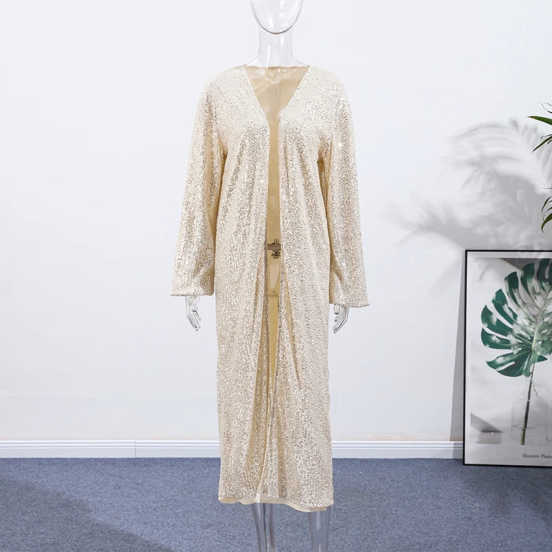 2026 Autumn Sequined Women Long Jacket Urban Full Sleeve Lining Pleated V-neck Cardigan Female Streetwear Fashion Lady Outwear