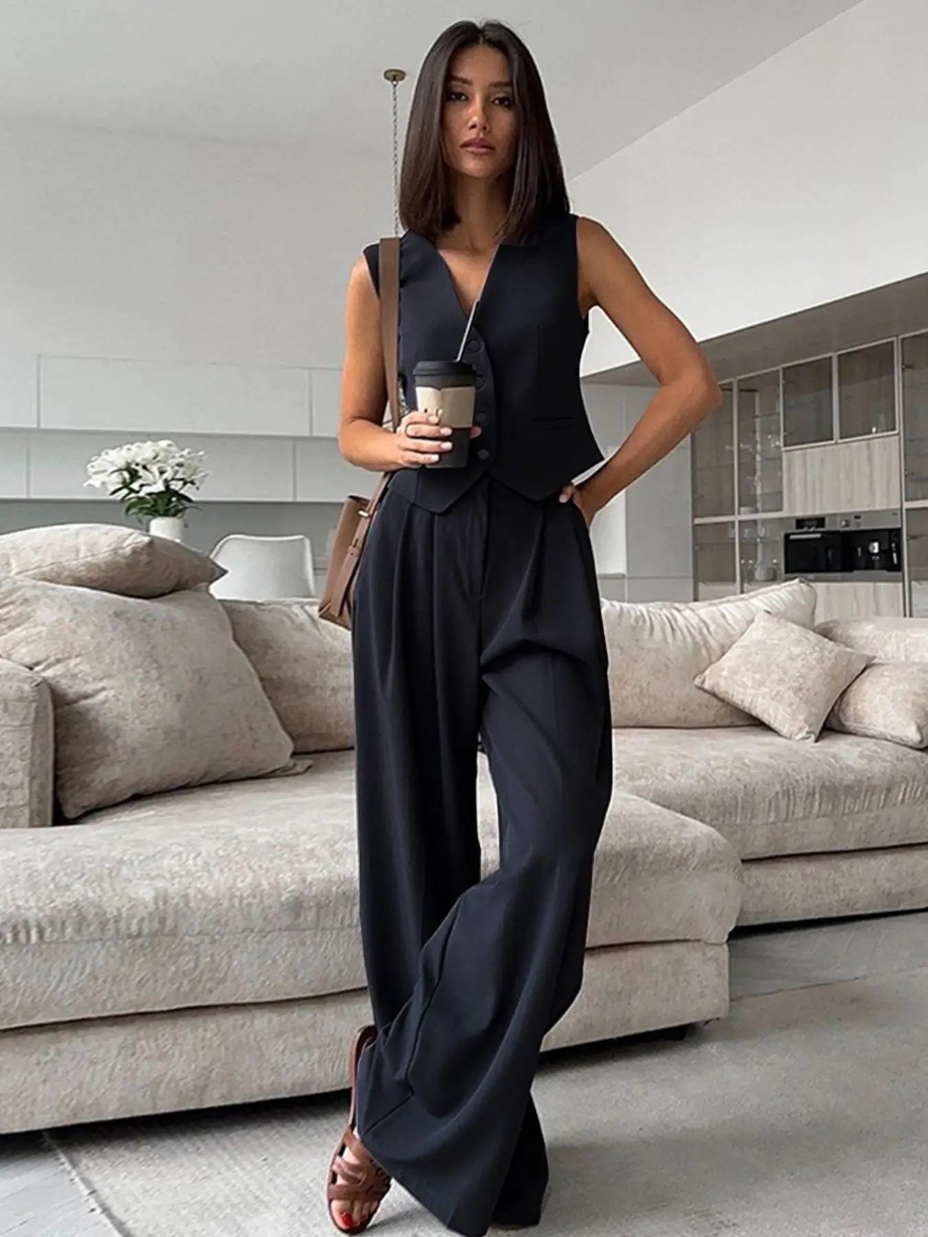 Fashion suit vest, vest, vest, wide leg pants, casual suit, new professional versatile business style two-piece set