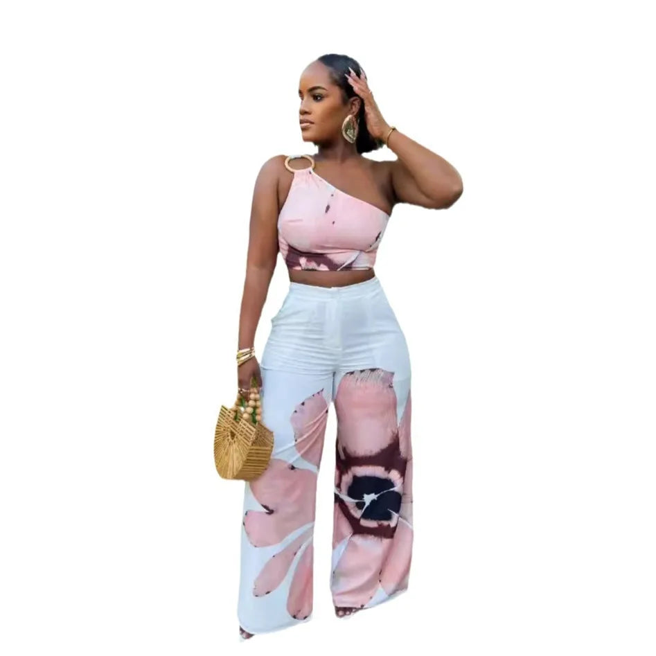 Matching Sets Wide Leg Full Length Pant Sexy Print One Shoulder Tops Pullover Pant Sets Loose Pockets High Street Spliced
