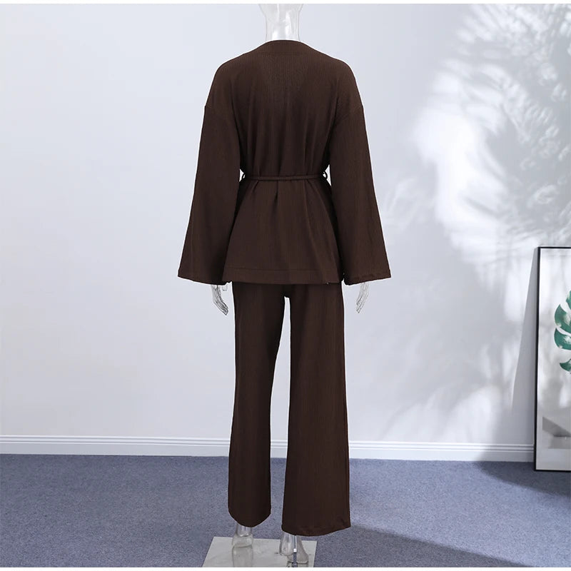 Casual Pleated Cardigan Pants Set V-neck Drop Shoulder Flared Sleeves Belt Waist Shirt Wide Leg Pants 2026 Chic Lightweight Sets
