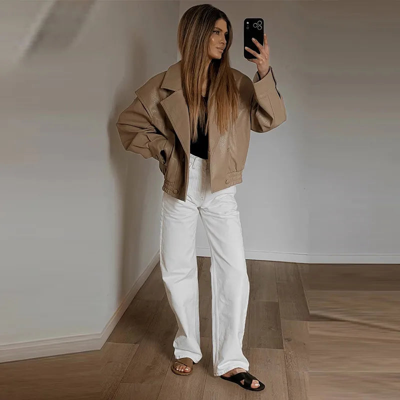 Casual Solid Pu Jackets Women Fashion Loose Khaki Lapel Double Breasted Leather Coat Female 2026 Autumn Lady Outwears Chic