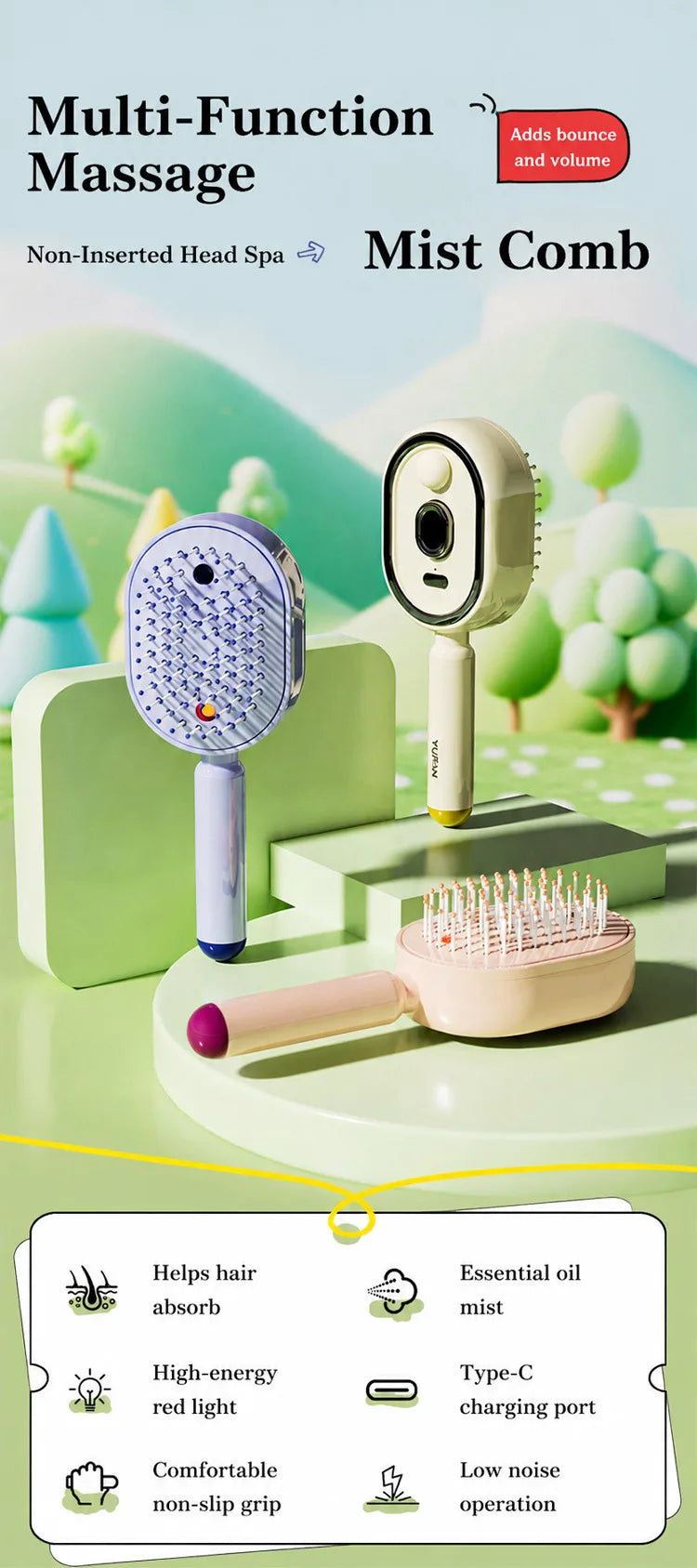 3 in 1 Multifunctional Electric Spray Massage Comb Vibrating Misting Hair Care Comb Detangling Volumizing Comb Gift for Women
