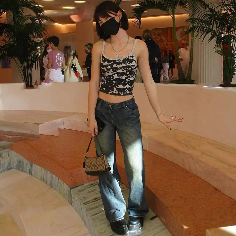 Streetwear Retro Y2K Crop Tops Women Sexy Tight-Fit Contrast Spaghetti Strap Vest Female Summer Fashion Personality Camisole